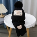 Kids black knitted hat and scarf set with cute bear embroidery and boy letters - BY Cartoon Bear Set - Black