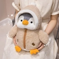 Penguin plush doll in a beige fleece hooded jacket with orange beak and soft texture - 28cm / Brown