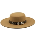 Elegant camel wool felt flat top boater hat with leopard print band and faux pearls - M (56-58cm) / Camel