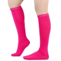 Detail of rose red knee high socks featuring classic three stripe texture and cotton knit fabric - One Size / Fluorescent Red