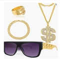 Hip hop 4-piece set including gold dollar sign necklace, bracelet, ring, and sunglasses - Twisted Chain 4-Piece Set