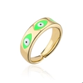 Detail of adjustable gold-plated ring with green evil eye enamel patterns and mirror reflection - Adjustable Open / Green