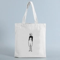 White canvas tote bag featuring a minimalist black line art illustration of a girl - STD239-K/Girl in Overalls