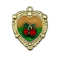 French vintage heart pendant with enamel flowers and cherry rhinestones on gold frame - Yellow-Green Heart Rhinestone Cherry-24435