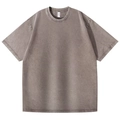Detail view of reinforced crew neck on high-street vintage washed taupe cotton t-shirt - Brown