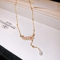 Collier doré avec pendentifs fleurs de cerisier roses et une perle blanche suspendue - Or Fleur de Cerisier Perle (104# Collier)