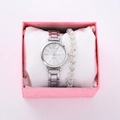Silver quartz watch and crystal heart bracelet set in a pink luxury gift box - Silver Watch Heart Rhinestone Bracelet Set (Pink Box)