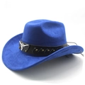 Detail of blue suede cowboy hat featuring a silver bull head metal ornament and rivets - M (56-58cm) / Royal Blue (Suede)