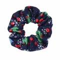 Detail of navy blue Christmas scrunchie with snowflake and pine tree patterns - Navy Blue