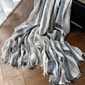 Artistic blue and gray striped cotton linen scarf with soft fringe on wooden floor - Black Gradient