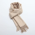 Beige cashmere-like winter scarf with fine twill texture and classic tassel fringe - Beige
