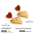 Deep red heart drop earrings in polished gold stainless steel finish for women - Double Heart Dangle (JDE2409074)