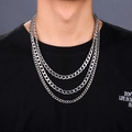 Triple silver Cuban link chain necklaces in stainless steel for a layered hip-hop style - 55cm x 5mm
