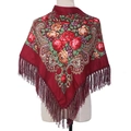 Rode sjaal in etnische stijl met lange franjes en vintage rozenprint op pop - Bordeauxrood