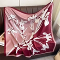 Silk-like 90cm square scarf featuring red and pink iris floral patterns on leather - 90cmx90cm / Burgundy