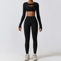 Ensemble de yoga noir 3 pièces avec brassière, haut à manches longues et legging - S / Haut Et Bas / Ensemble 3 Pièces (Soutien-gorge+Shrug+Pantalon) / Noir Premium