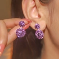 Sparkling purple flower drop earrings with crystal rhinestones in a double-layered design - Violet