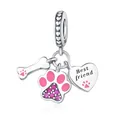 925 silver charm pendant with pink paw print, dog bone and heart best friend engraving - Bone Paw and Heart Tag Pendant 0027