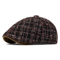 Berretto newsboy classico in tweed a quadri neri e marroni con visiera in pelle scamosciata - Rosso Scuro