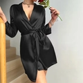 Elegant black silk satin nightgown with V-neck wrap design and adjustable waist tie - S / Black