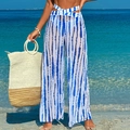 High waisted wide leg beach trousers with blue and white tie-dye striped pattern - S / Bottoms / Blue Spot Stone