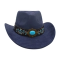 Chapeau de cowboy bleu foncé avec pierre turquoise et broderie florale élégante - Bleu Marine [Broderie Cuir Large]