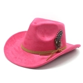 Detail of rose red suede cowboy hat with brown leather band and dotted feather accent - M (56-59cm) / Rose Red