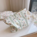 Detail of floral makeup bag with simple wish label and colorful small flower pattern - Light Green Striped Floral