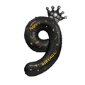 Ballon chiffre 9 noir mat avec couronne argentée et motif doré Happy Birthday - Couronne Bronzage Numéro 9