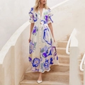 Deep V-neck maxi dress in cream with blue and purple floral prints and puff sleeves - S / Blue