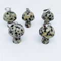Five Dalmatian jasper mini mushroom pendants with metal loops for DIY jewelry - Spotted Stone