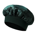 Dark green satin hair bonnet with wide black elastic band for nighttime hair protection - Dark Green