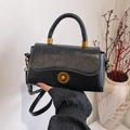 Classic black vintage crossbody bag in lychee texture PU leather with gold clasp - Black without Pendant