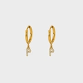 Close-up of gold-plated stainless steel hoop earrings with letter P pendant and zircons - Letter P