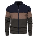 Detail of the high-quality color-block knit cardigan with stand collar and zipper - S / Royal Blue