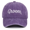 Detail of white Groom embroidery on a vintage purple washed cotton baseball cap - Groom / Purple
