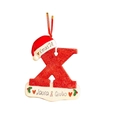 Close-up of a personalized red glitter letter X Christmas ornament with custom names - Letter X