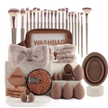 40-piece brown makeup brush set with beauty blenders, puffs, and wash bag on stone display - Professional Full Set / Brown