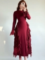 Slim fit burgundy long sleeve maxi dress with elegant ruffle trim and feminine silhouette - S / Burgundy