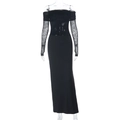 Elegantes schwarzes schulterfreies Maxikleid mit langen Ärmeln aus Spitze und Mesh - S / Schwarz