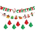 Striscione Merry Christmas glitterato con alberi 3D e personaggi natalizi a fumetti - Set completo