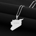 Macro shot of silver stainless steel Syria map pendant necklace with SYRIA engraving - Engraved A (SYRIA) / Steel