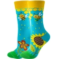 Detail of bee and sunflower cotton socks with yellow ribbed cuffs and green heel parts - Sunflower Bee