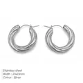 Polished silver croissant style stainless steel hoop earrings sized 23x23mm - Silver Twisted Hoop Earrings (TE19112-Silver)