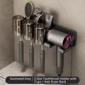 Gunmetal grey wall-mounted bathroom organizer with 3 cups and hairdryer holder - Gunmetal Grey | 3 Slots With Cups + Hair Dryer Rack