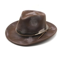 Classico cappello fedora marrone scuro con cinturino in pelle e piuma per protezione solare - M (56-59cm) / Marrone