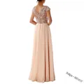 Detail of sequined back and elegant chiffon skirt on long beige evening gown - S / Dress (MI1417) / Beige