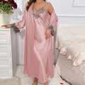 Elegant pink satin sleepwear set featuring a long chemise and lace-trimmed robe for women - S / Pink