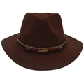 Dark brown wool felt fedora with golden feather and ethnic woven band on white background - Adult (57-60cm) / Coffee
