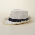 Cappello da sole in paglia stile Panama con nastro nero e bordi sfrangiati estate - M(56-58cm) / Beige